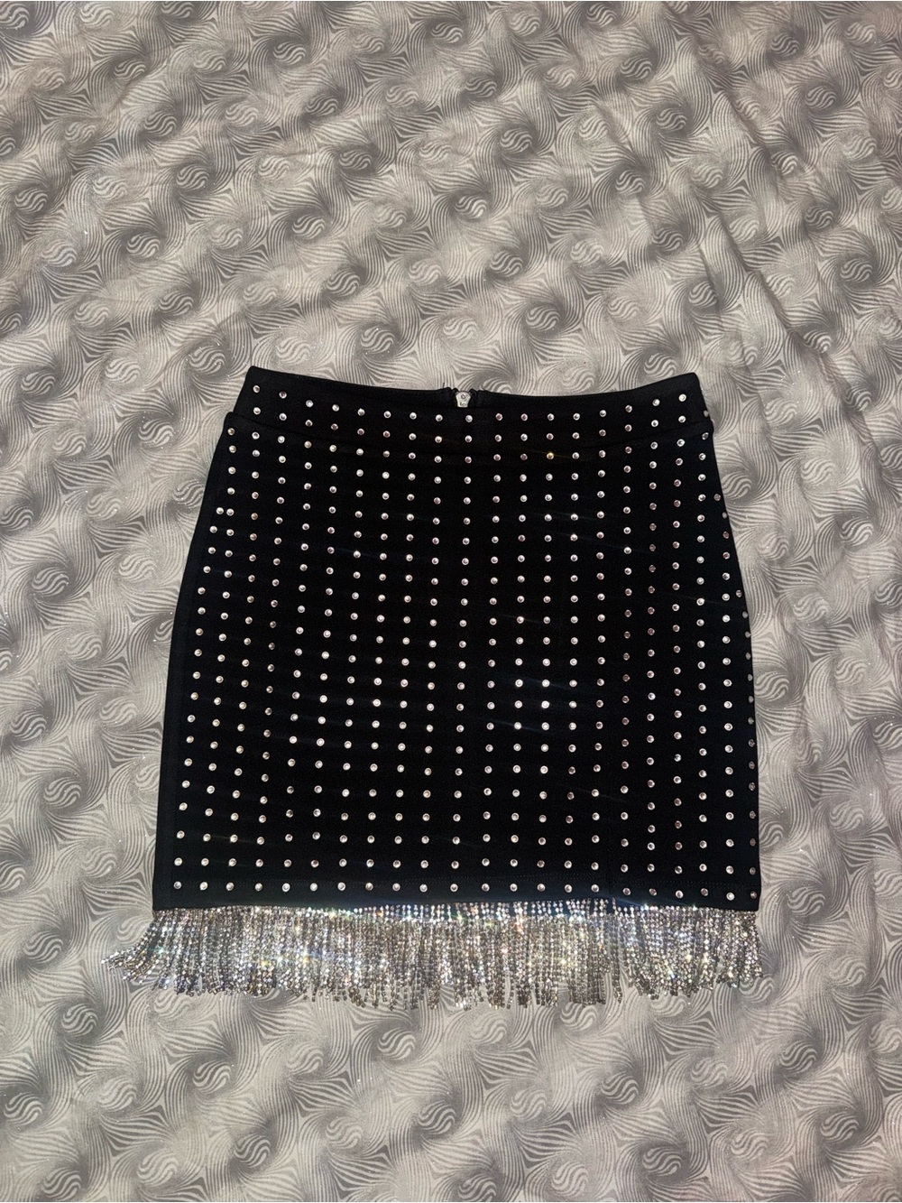 Black Rhinestone Mini Skirt with Silver Rhinestone Fringe
